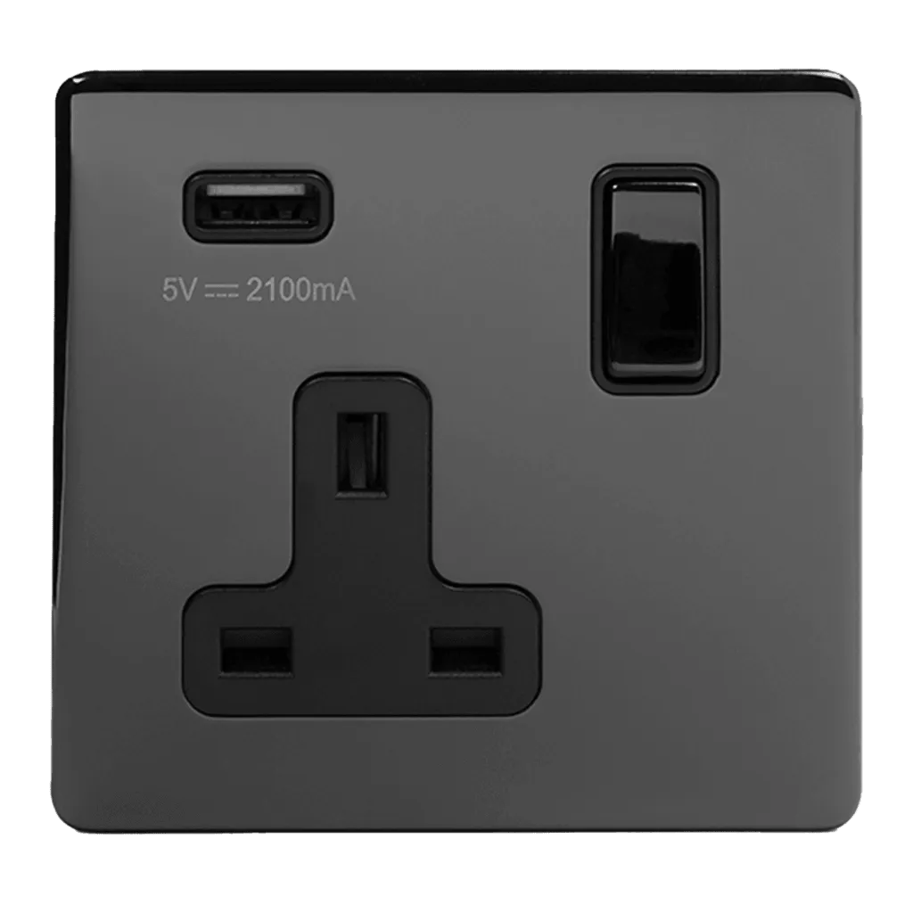 1 Gang Plug Socket with USB Black Nickel