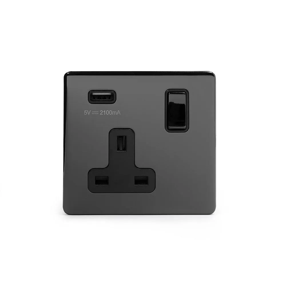 1 Gang Plug Socket with USB Black Nickel