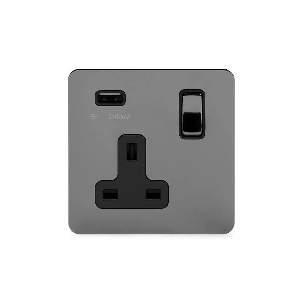 1 Gang Plug Socket with USB Black Nickel