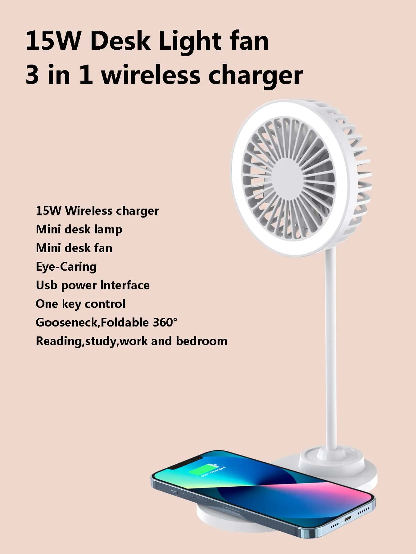 15W Desk Wireless Charger With Lamp & Fan