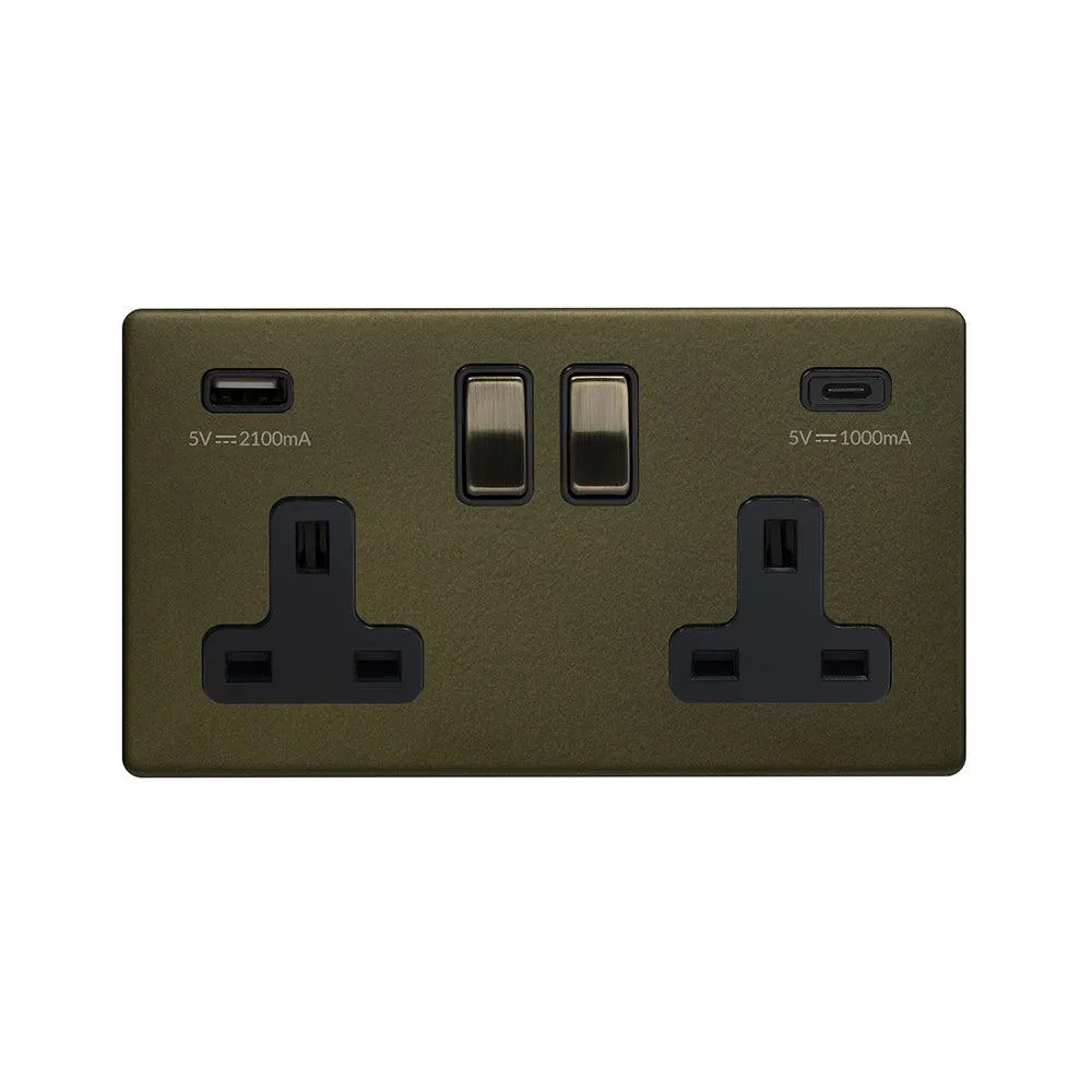 2 Gang 13A Plug Socket with USB A C Bronze