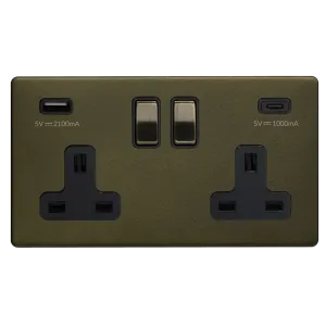 2 Gang 13A Plug Socket with USB A C Bronze