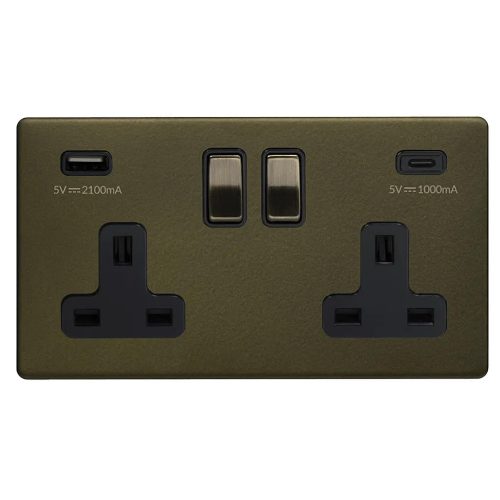 2 Gang 13A Plug Socket with USB A C Bronze