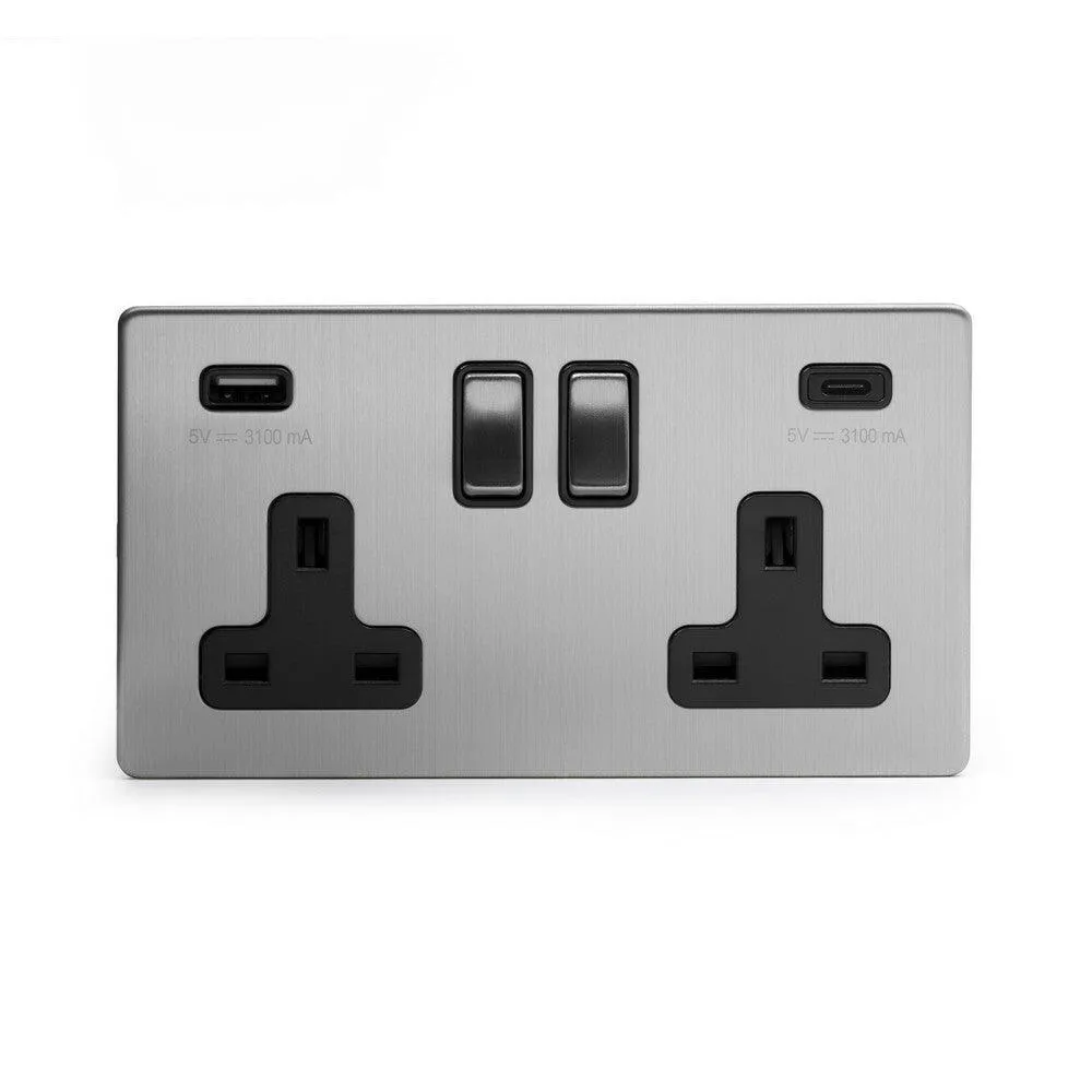 2 Gang 13A Plug Socket with USB A C Brushed Chrome