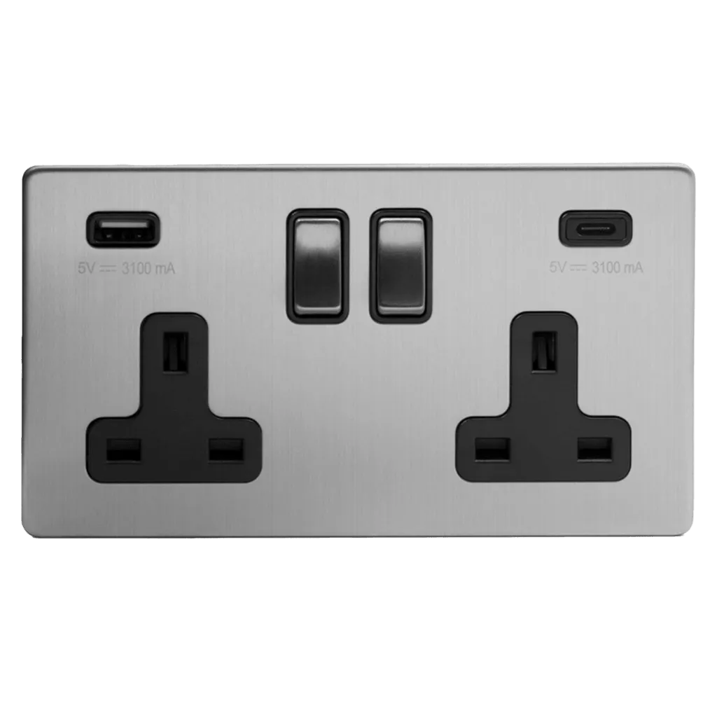 2 Gang 13A Plug Socket with USB A C Brushed Chrome