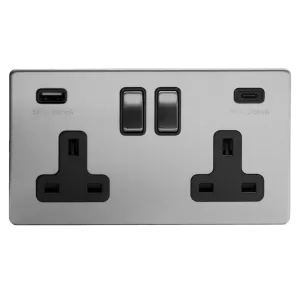 2 Gang 13A Plug Socket with USB A C Brushed Chrome