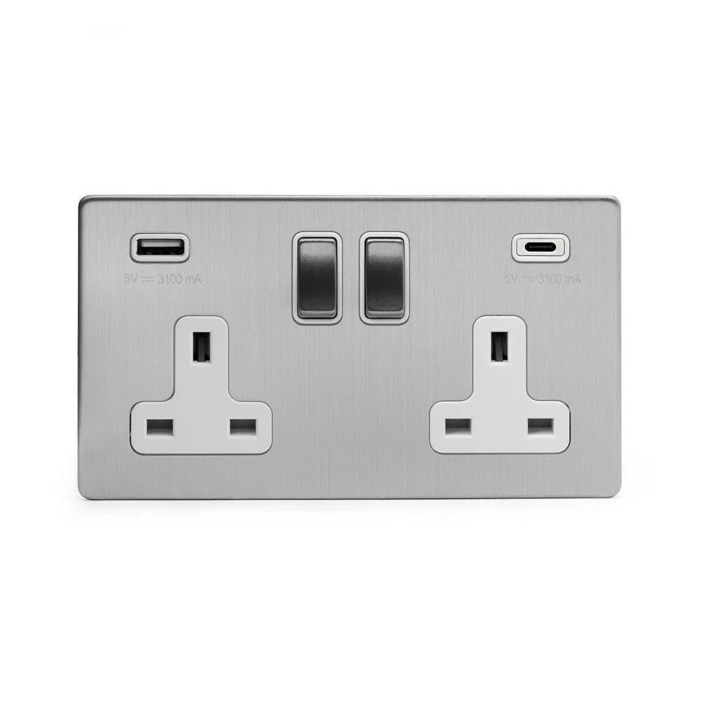2 Gang 13A Plug Socket with USB A C Brushed Chrome