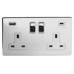 2 Gang 13A Plug Socket with USB A C Polished Chrome