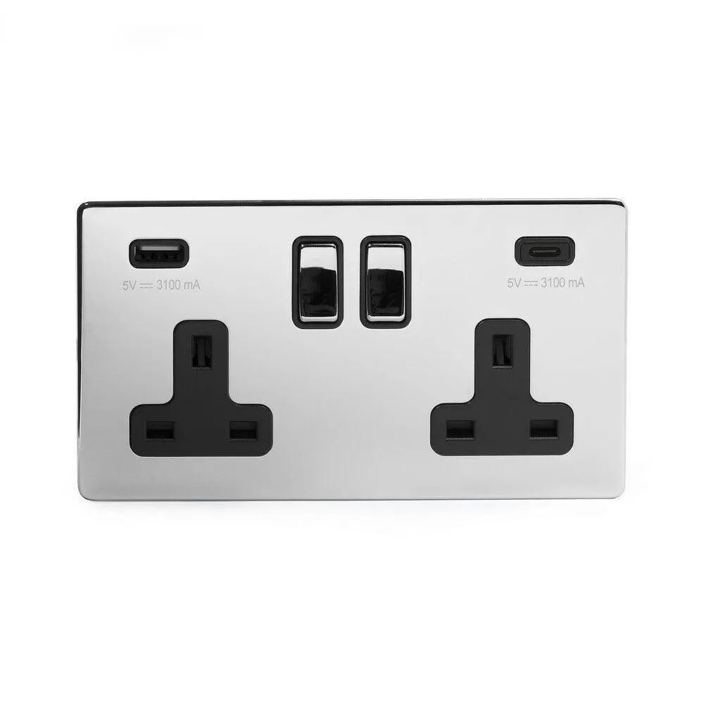 2 Gang 13A Plug Socket with USB A C Polished Chrome