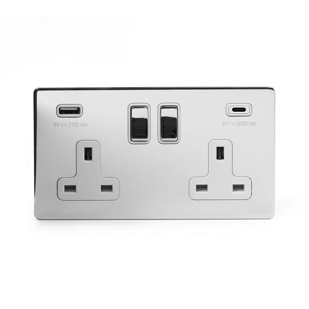 2 Gang 13A Plug Socket with USB A C Polished Chrome