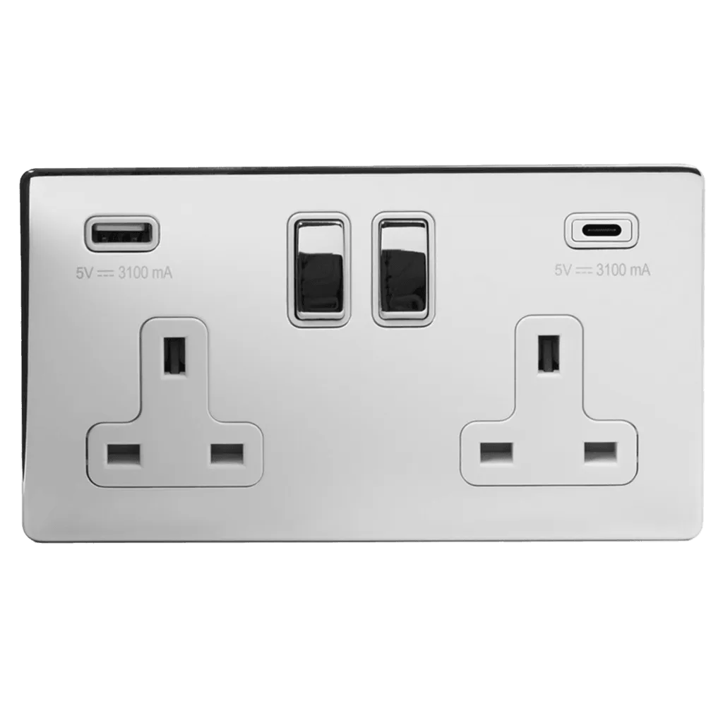2 Gang 13A Plug Socket with USB A C Polished Chrome