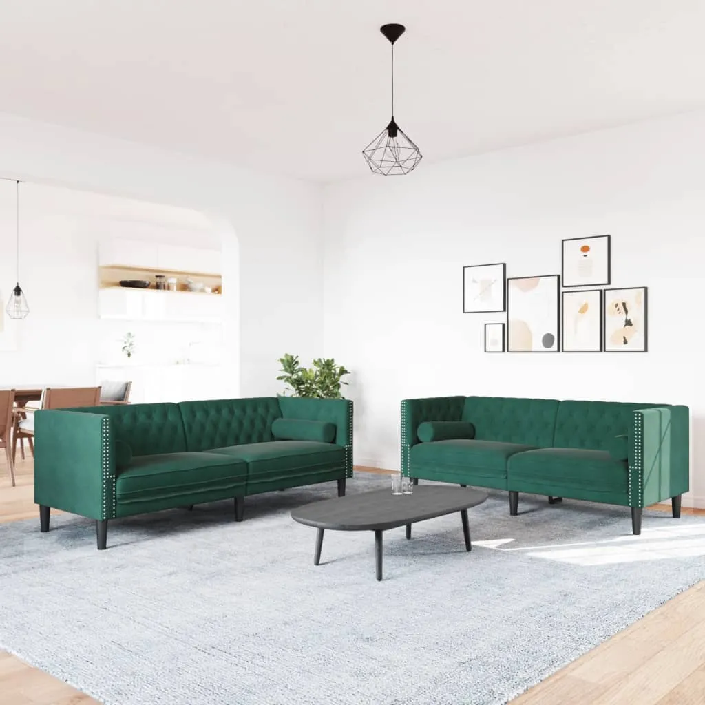 2 Piece Chesterfield Sofa Set with Bolsters Dark Green Velvet