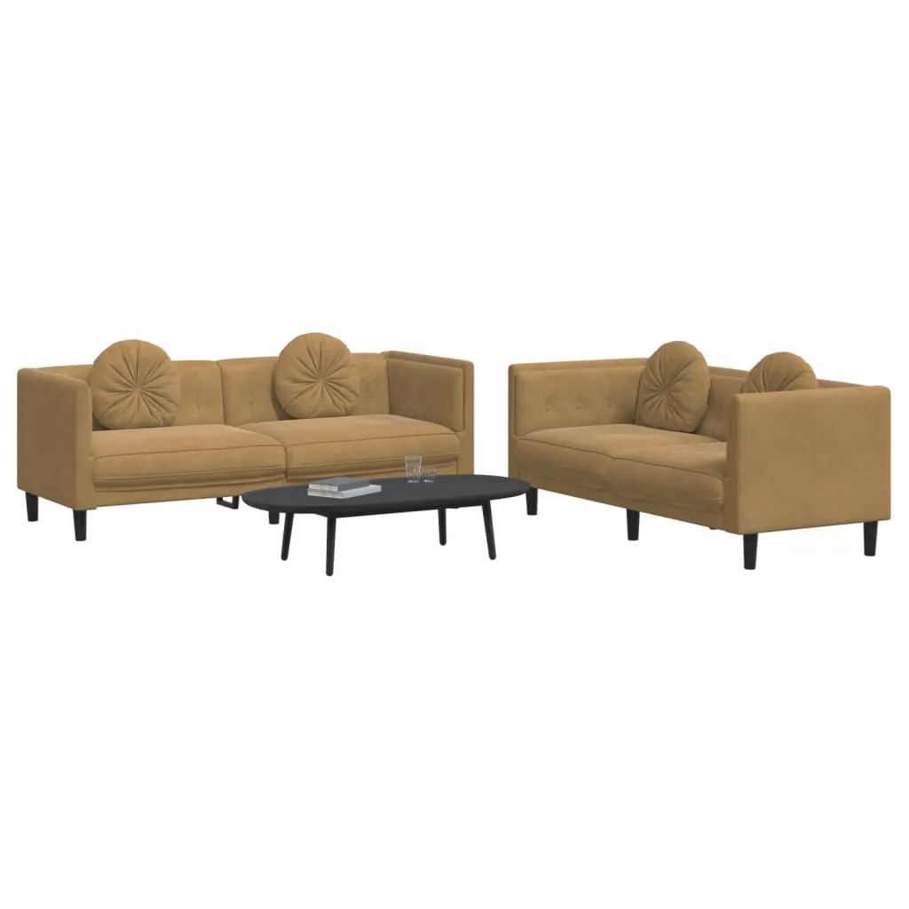 2 Piece Sofa Set with Pillows Brown Velvet