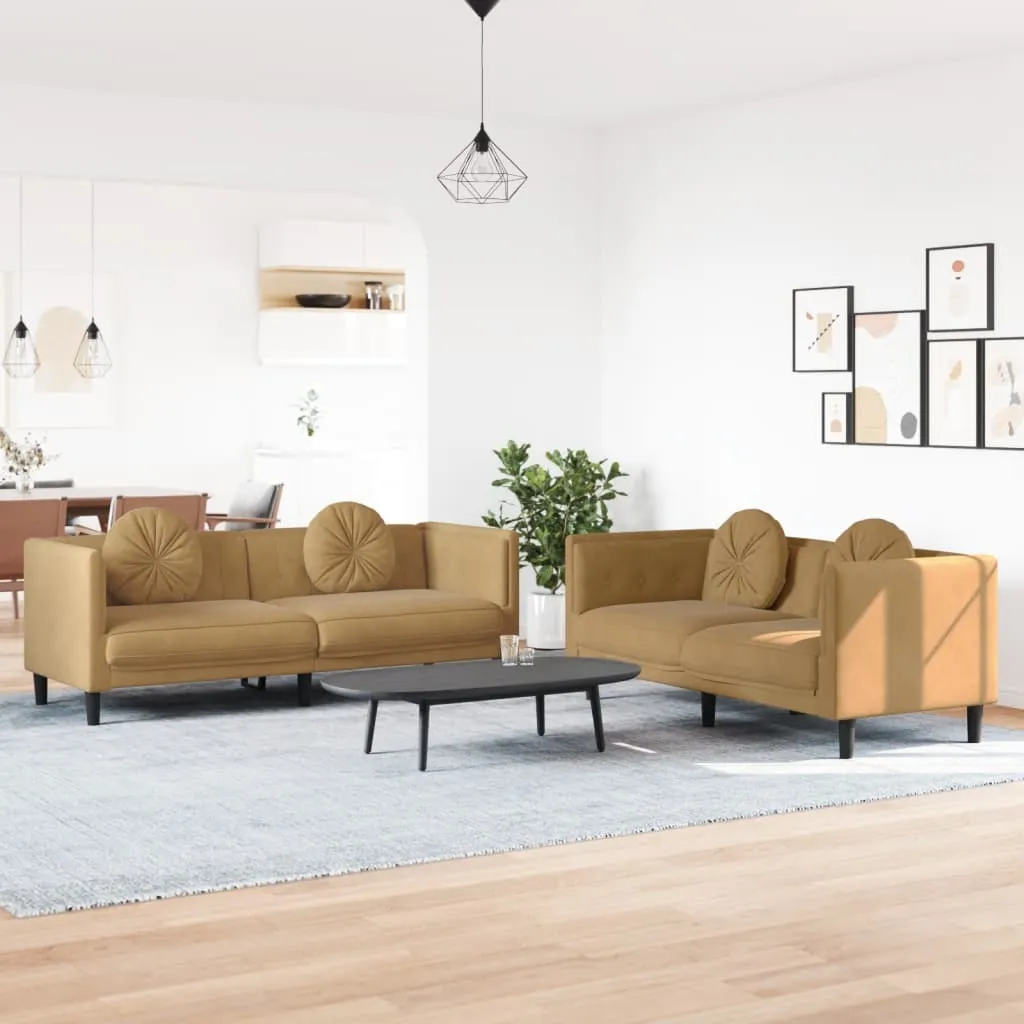 2 Piece Sofa Set with Pillows Brown Velvet