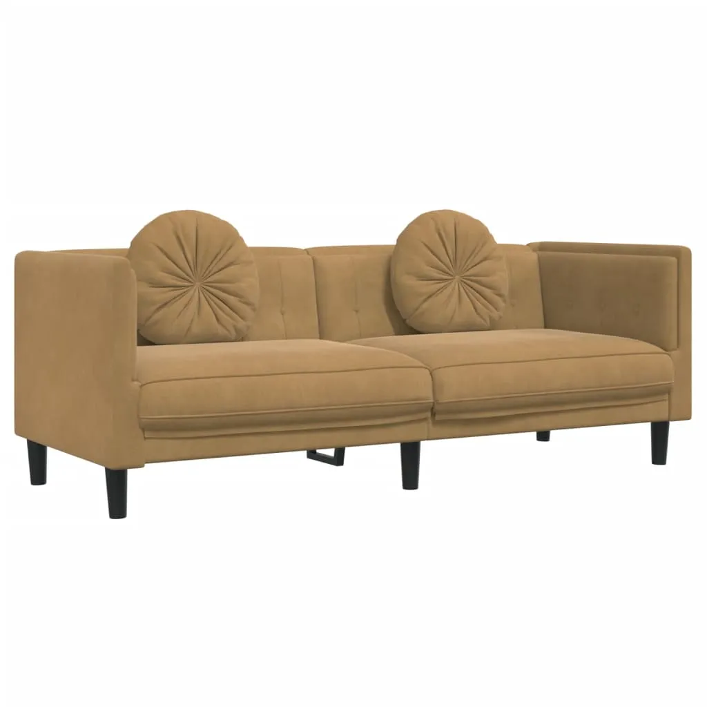 2 Piece Sofa Set with Pillows Brown Velvet