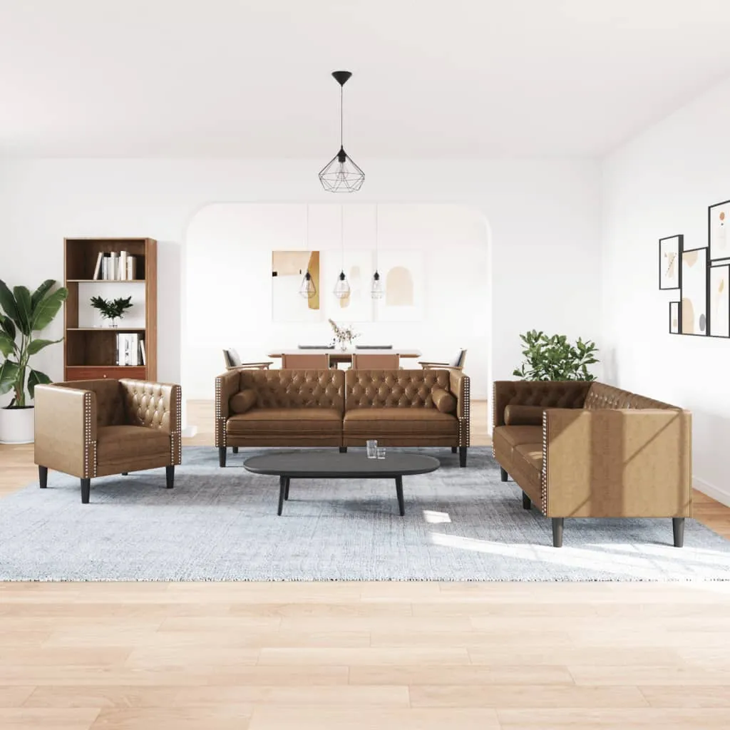 3 Piece Chesterfield Sofa Set with Bolsters Brown Faux Suede Leather