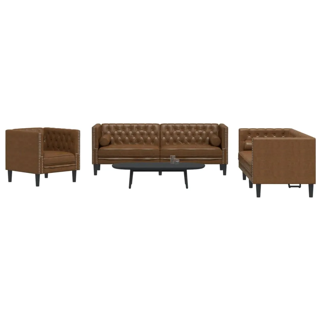 3 Piece Chesterfield Sofa Set with Bolsters Brown Faux Suede Leather