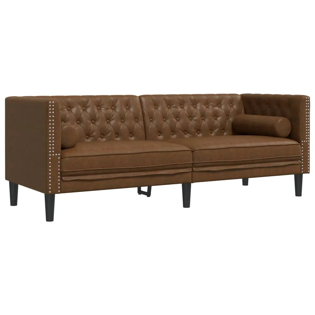 3 Piece Chesterfield Sofa Set with Bolsters Brown Faux Suede Leather