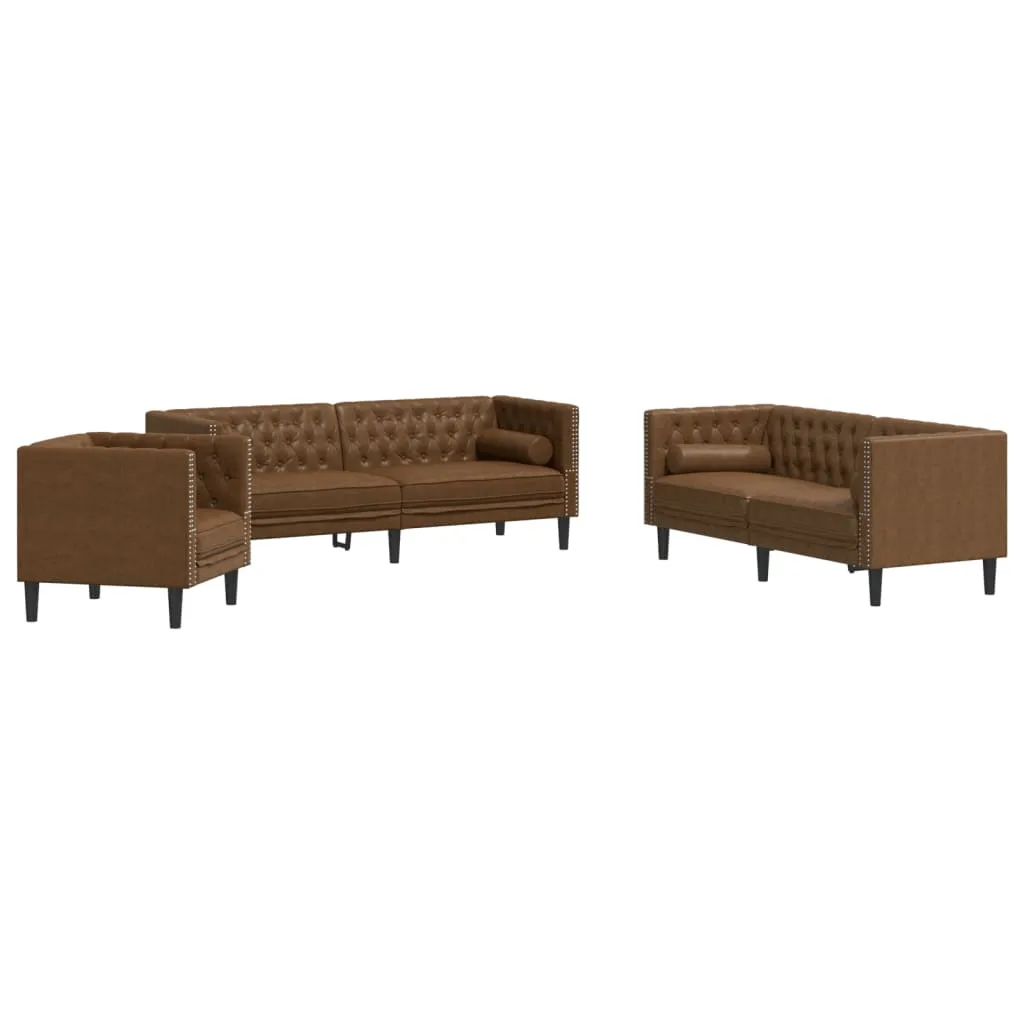 3 Piece Chesterfield Sofa Set with Bolsters Brown Faux Suede Leather