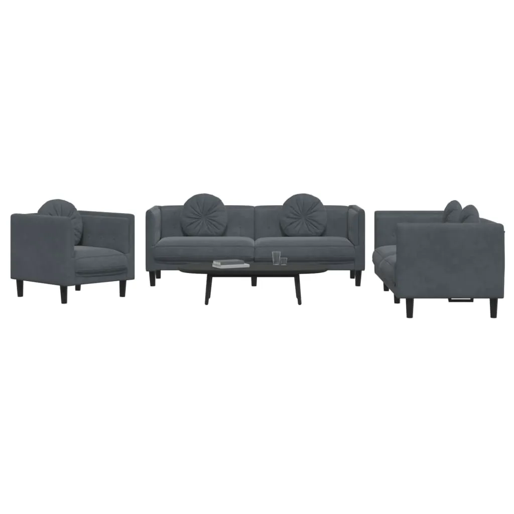 3 Piece Sofa Set with Pillows Dark Gray Velvet