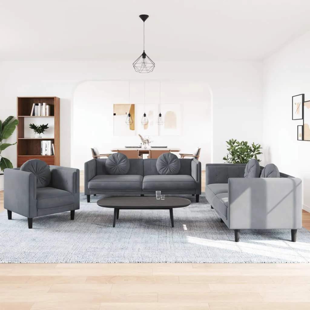 3 Piece Sofa Set with Pillows Dark Gray Velvet