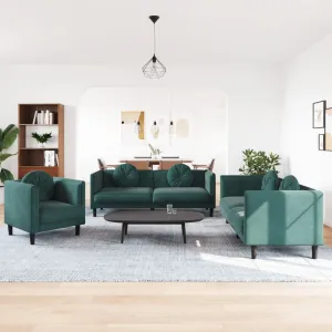 3 Piece Sofa Set with Pillows Dark Green Velvet
