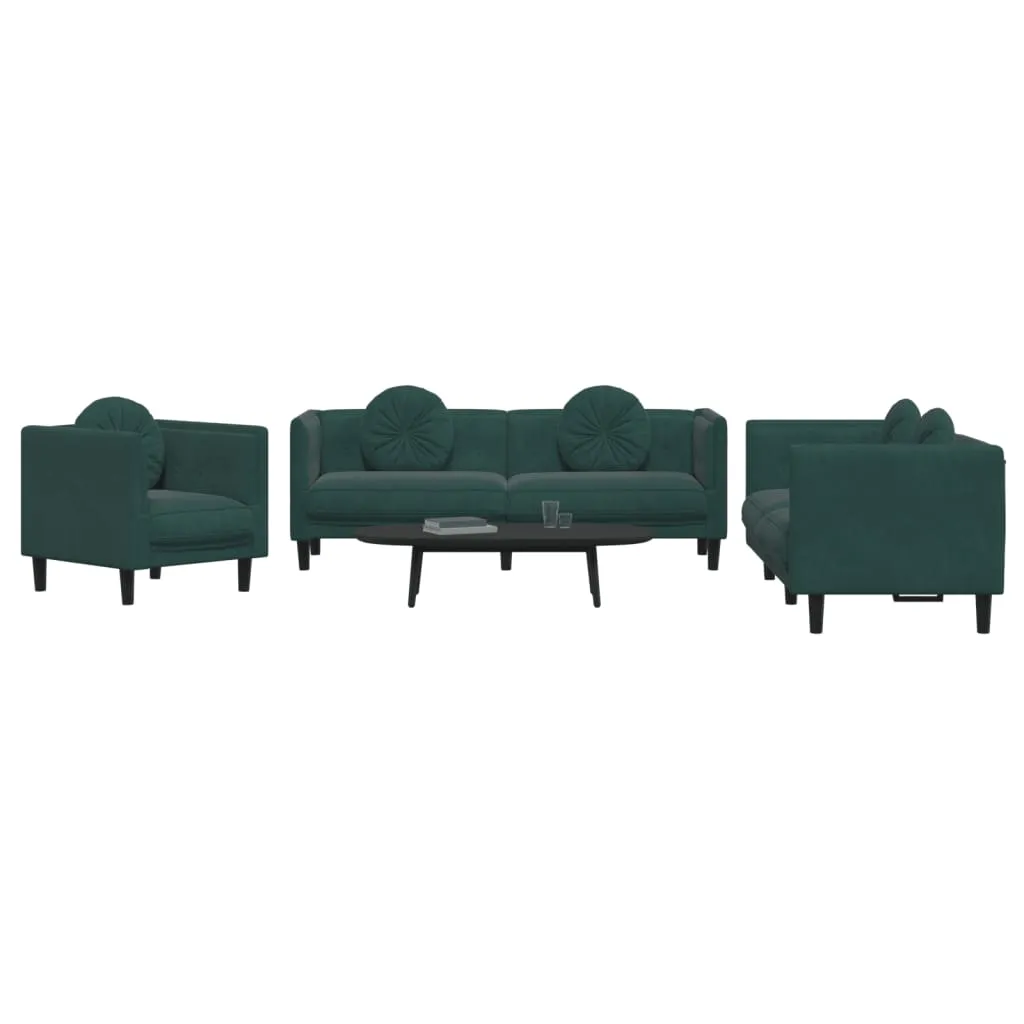 3 Piece Sofa Set with Pillows Dark Green Velvet