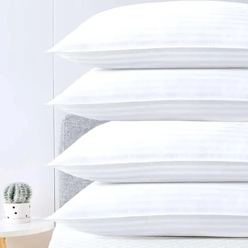 AJISH Soft Microfiber Bed Pillows Set of 4, 16 X 24 Inch Small Size Pillow - Cooling Pillows for Sleeping - Luxury White Stripe Pillows for Side, Stomach or Back Sleepers, Machine Washable