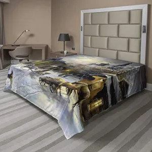 Ambesonne Country Flat Sheet, Winter Landscape of a Western Town at Night in New World Rurals in Retro Style Art, Soft Comfortable Top Sheet Decorative Bedding 1 Piece, King Size, Multicolor Black