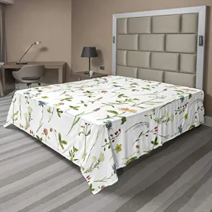 Ambesonne Floral Flat Sheet, Spring Season Themed Watercolors Painting of Herbs Flowers Botany Garden Art, Soft Comfortable Top Sheet Decorative Bedding 1 Piece, California King, Ivory