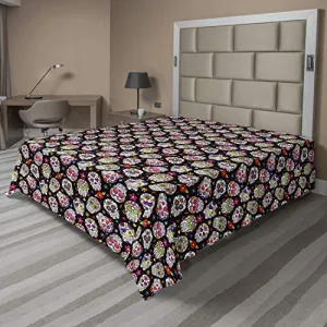 Ambesonne Sugar Skull Flat Sheet, All Souls Day Floral Colorful Sugar Skulls Flowers on Dark Background Print, Soft and Comfortable Top Sheet Decorative Bedding 1 Piece, Full Size, Multicolor Black