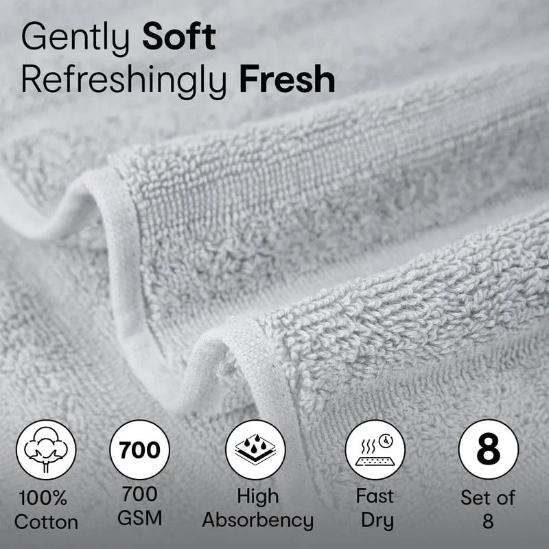 Anko Australia 100% Cotton 700 GSM Ribbed Hand Towel | Set of 8 | Super-Soft, Absorbent, Quick-Drying | Grey Towel for Men, Women & Kids | 60x40 cm |Travel, Gym, Spa Towel