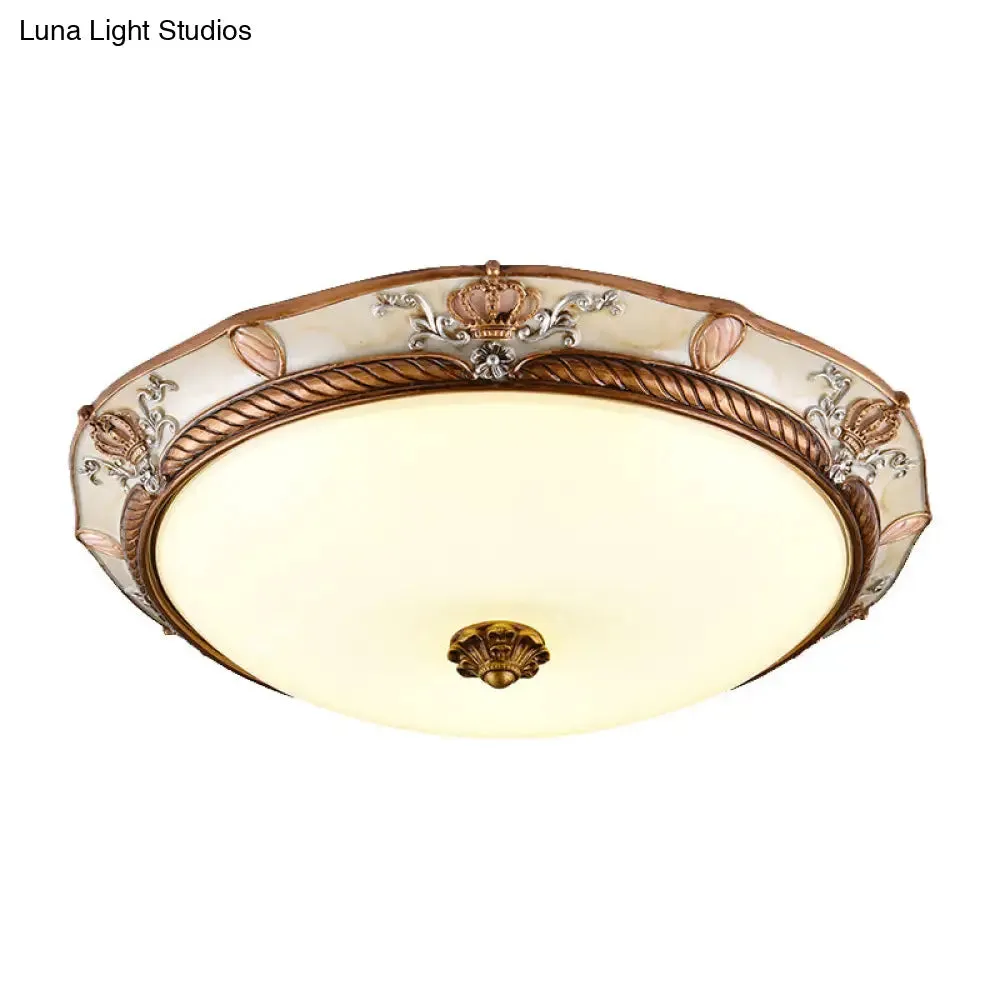 Antiqued Milk Glass LED Flushmount Lamp for Living Room, Brown Cap Shape Ceiling Fixture - 14"/16"/19.5" Wide
