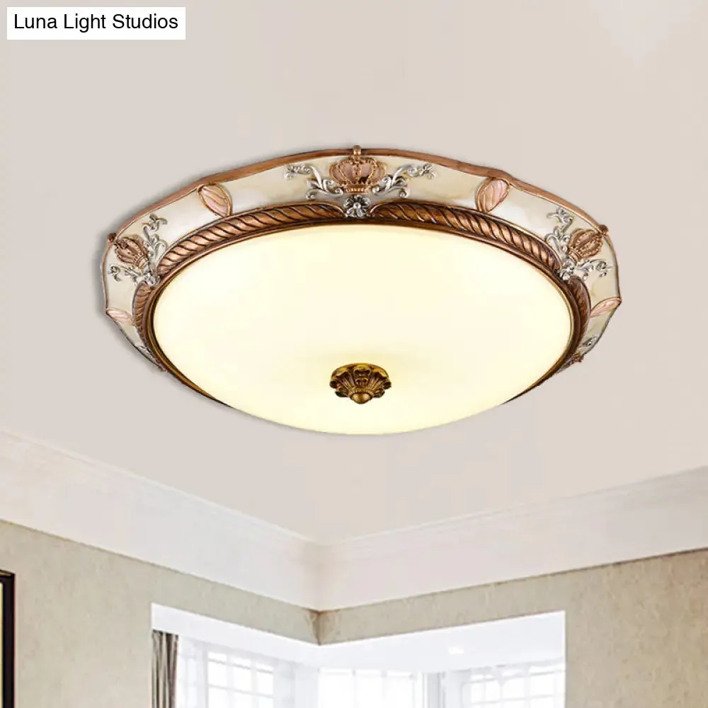 Antiqued Milk Glass LED Flushmount Lamp for Living Room, Brown Cap Shape Ceiling Fixture - 14"/16"/19.5" Wide