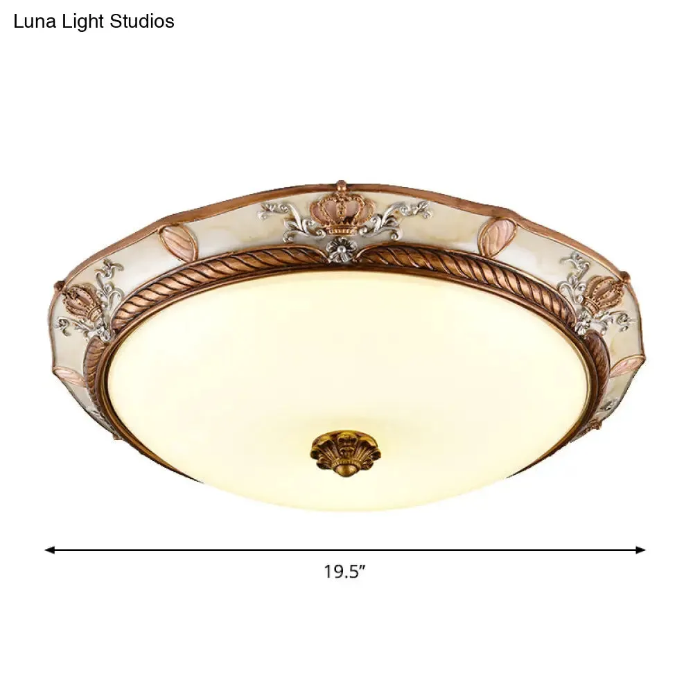 Antiqued Milk Glass LED Flushmount Lamp for Living Room, Brown Cap Shape Ceiling Fixture - 14"/16"/19.5" Wide