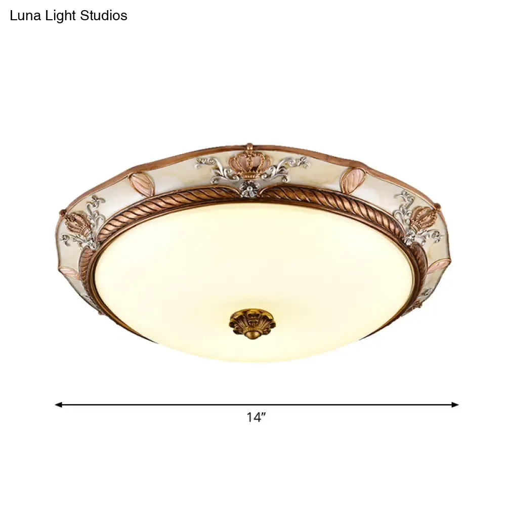 Antiqued Milk Glass LED Flushmount Lamp for Living Room, Brown Cap Shape Ceiling Fixture - 14"/16"/19.5" Wide