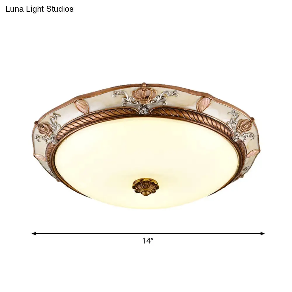 Antiqued Milk Glass LED Flushmount Lamp for Living Room, Brown Cap Shape Ceiling Fixture - 14"/16"/19.5" Wide