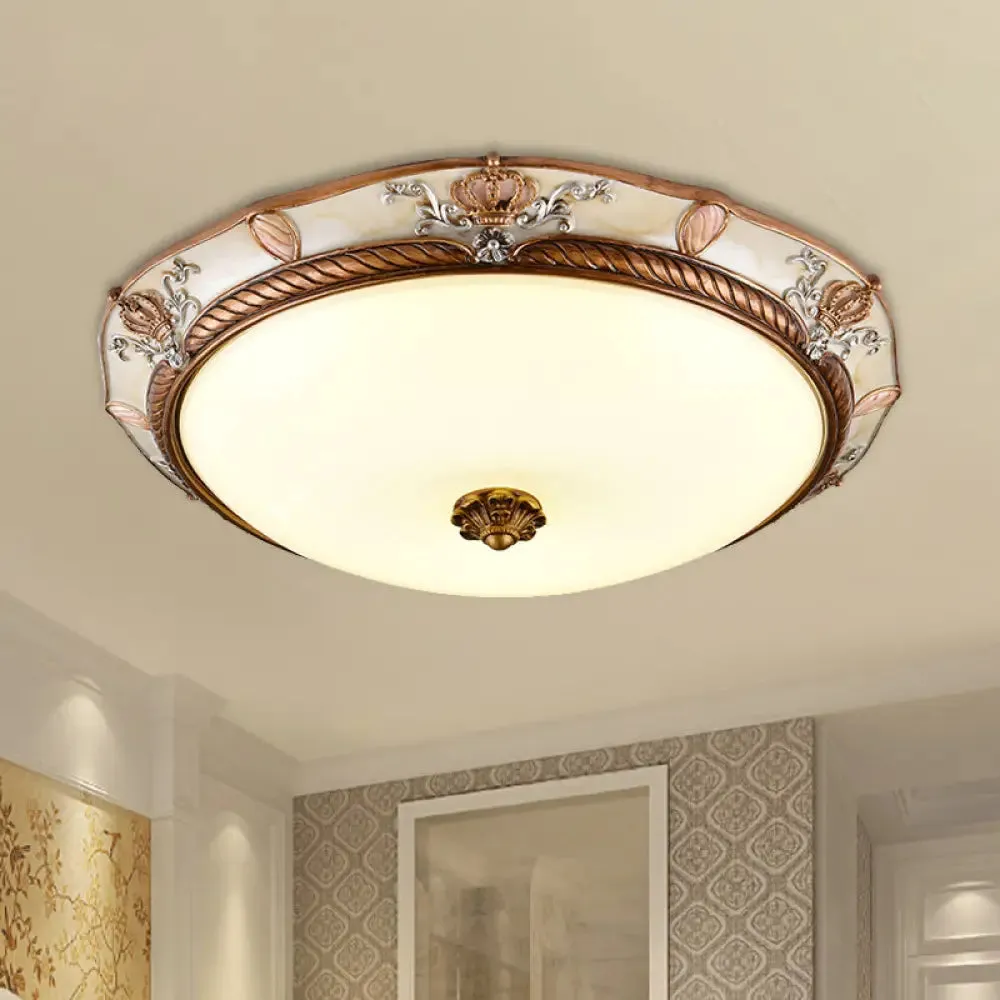 Antiqued Milk Glass LED Flushmount Lamp for Living Room, Brown Cap Shape Ceiling Fixture - 14"/16"/19.5" Wide