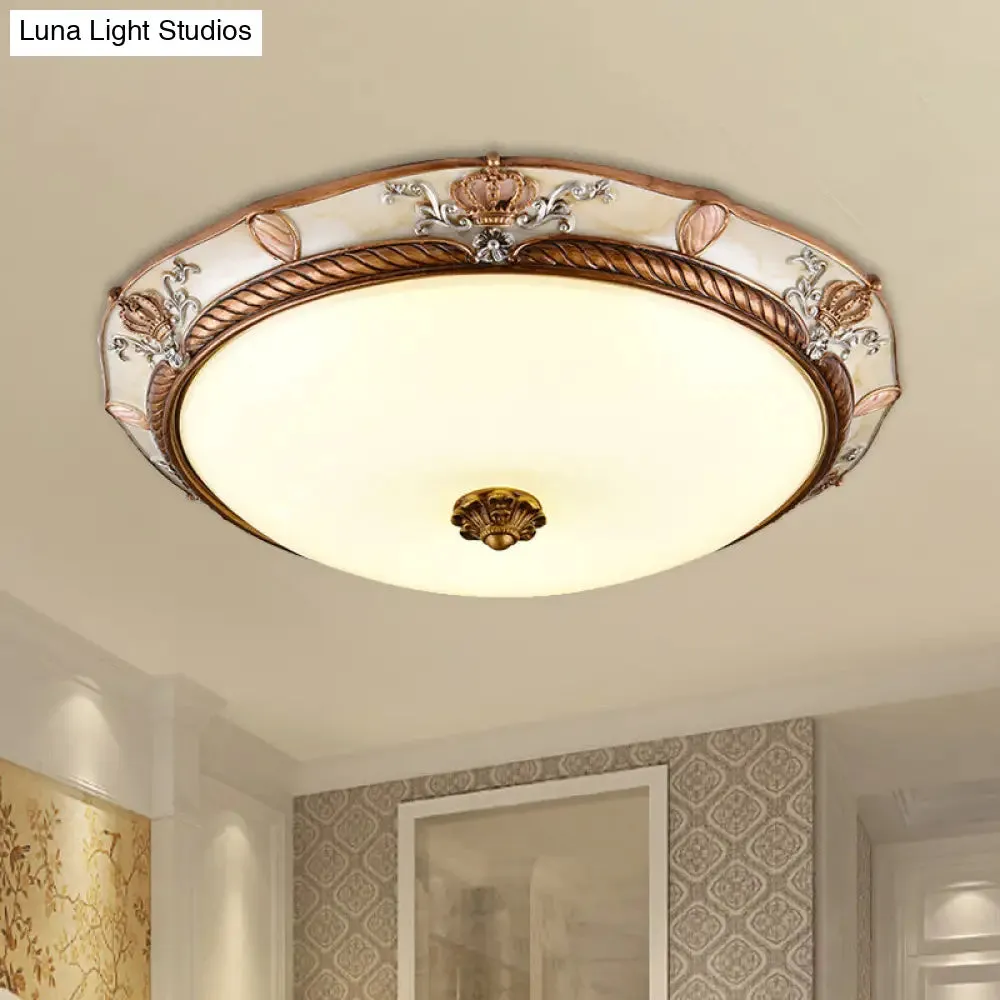 Antiqued Milk Glass LED Flushmount Lamp for Living Room, Brown Cap Shape Ceiling Fixture - 14"/16"/19.5" Wide