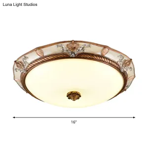 Antiqued Milk Glass LED Flushmount Lamp for Living Room, Brown Cap Shape Ceiling Fixture - 14"/16"/19.5" Wide