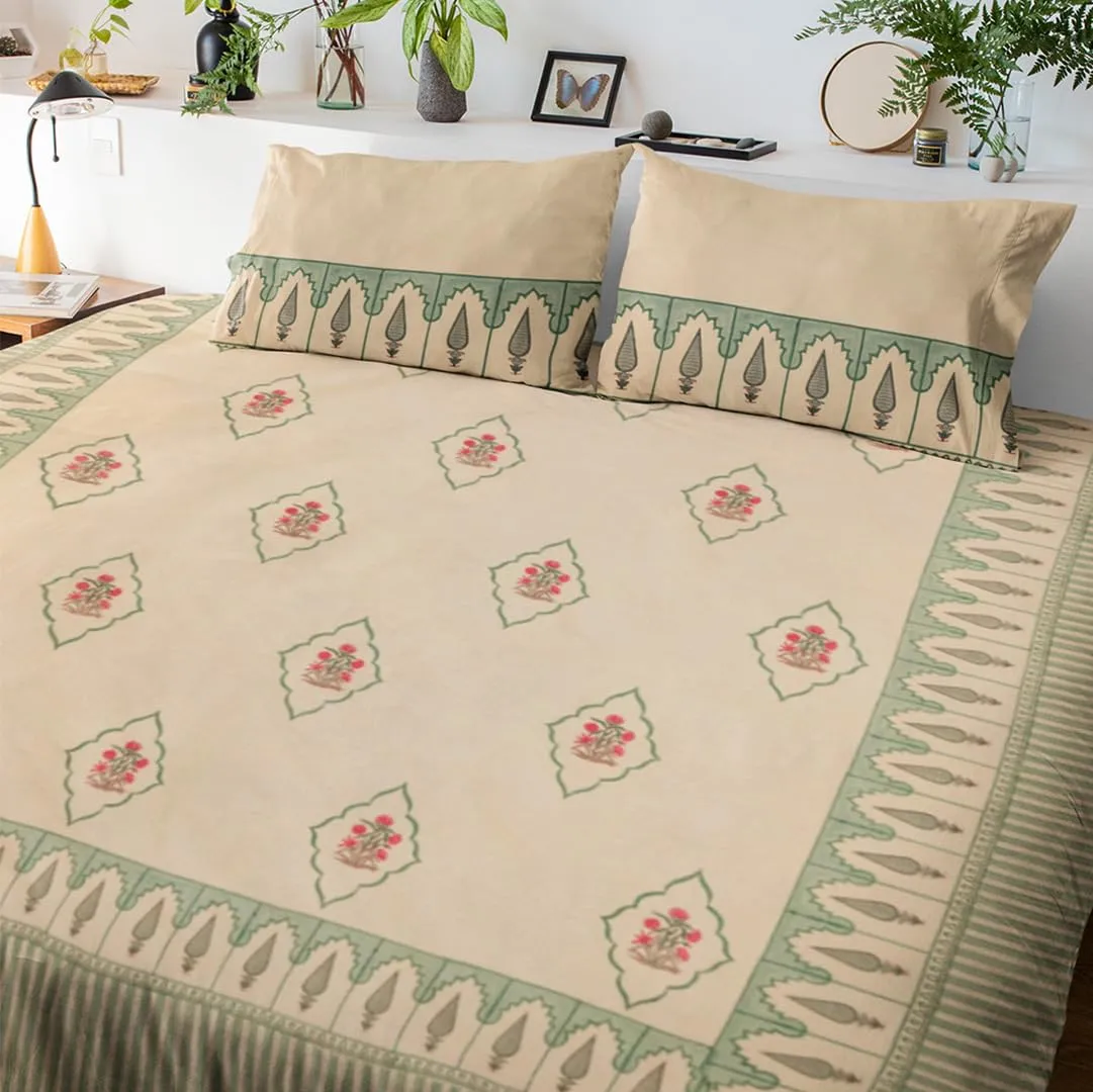 Baarno Firdaus Handblock Print Bedsheet with 2 Pillow Covers Percale Cotton | 220 TC | Double bedsheet (90 * 108inches) | Color - Yellow