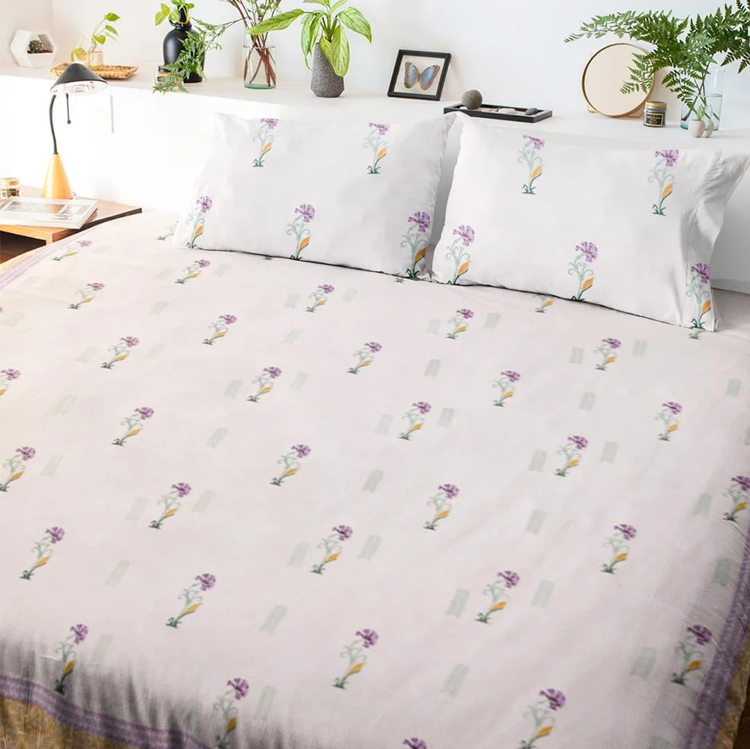 Baarno Saba Handblock Print Bedsheet with 2 Pillow Covers Percale Cotton | 220 TC | Double bedsheet (90 * 108inches) | Color - White