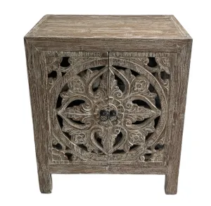 Bedside Table Double Door Open carving White Washed Teak