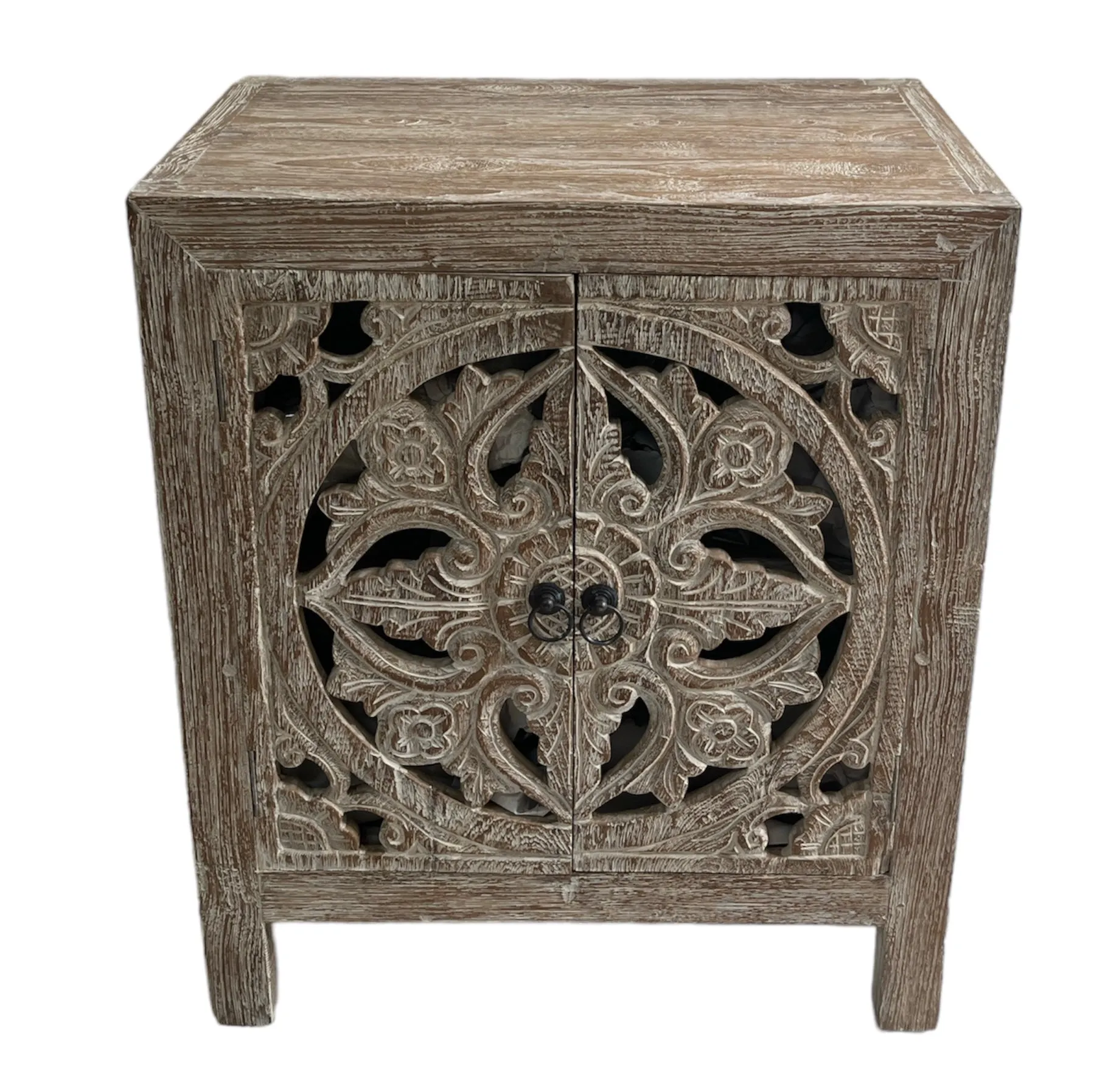Bedside Table Double Door Open carving White Washed Teak