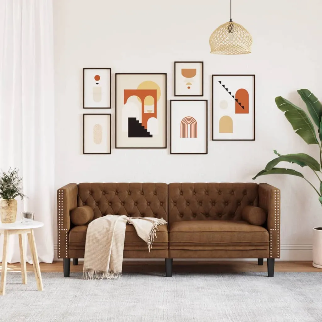 Chesterfield Sofa with Bolsters 2-Seater Brown Faux Suede Leather