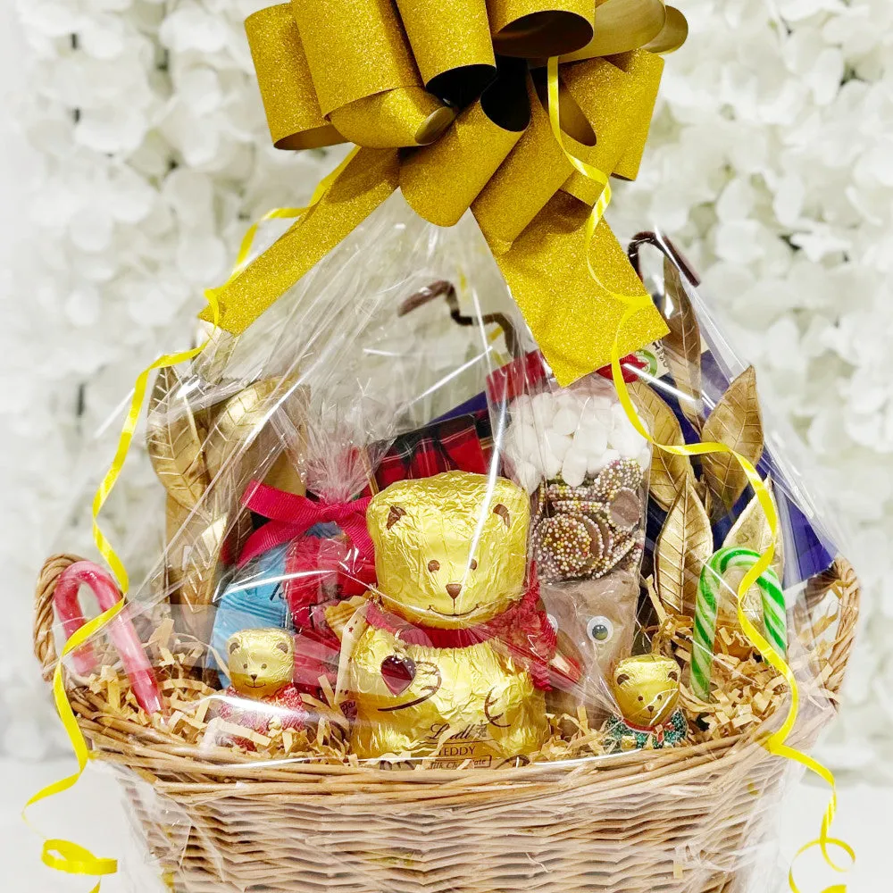 Christmas Chocolate Hamper Gift Basket with Gold Ribbon