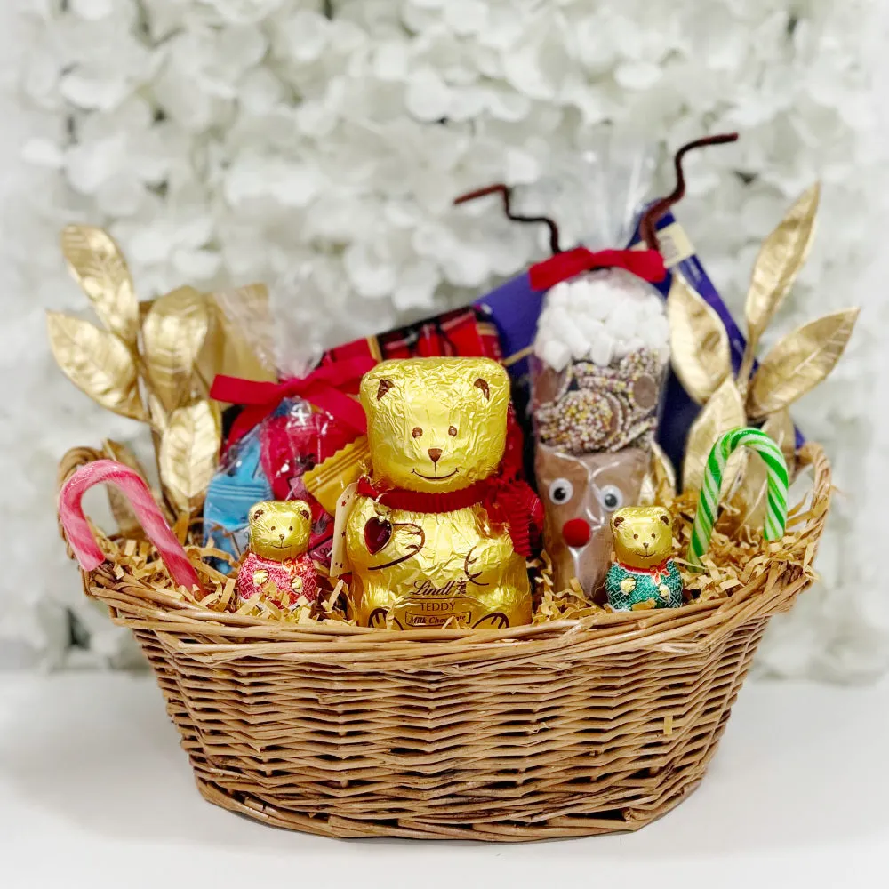 Christmas Chocolate Hamper Gift Basket with Gold Ribbon