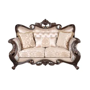 Cona 70 Inch Loveseat, Gold Carved Details, Brown, Button Tufted Beige By Casagear Home