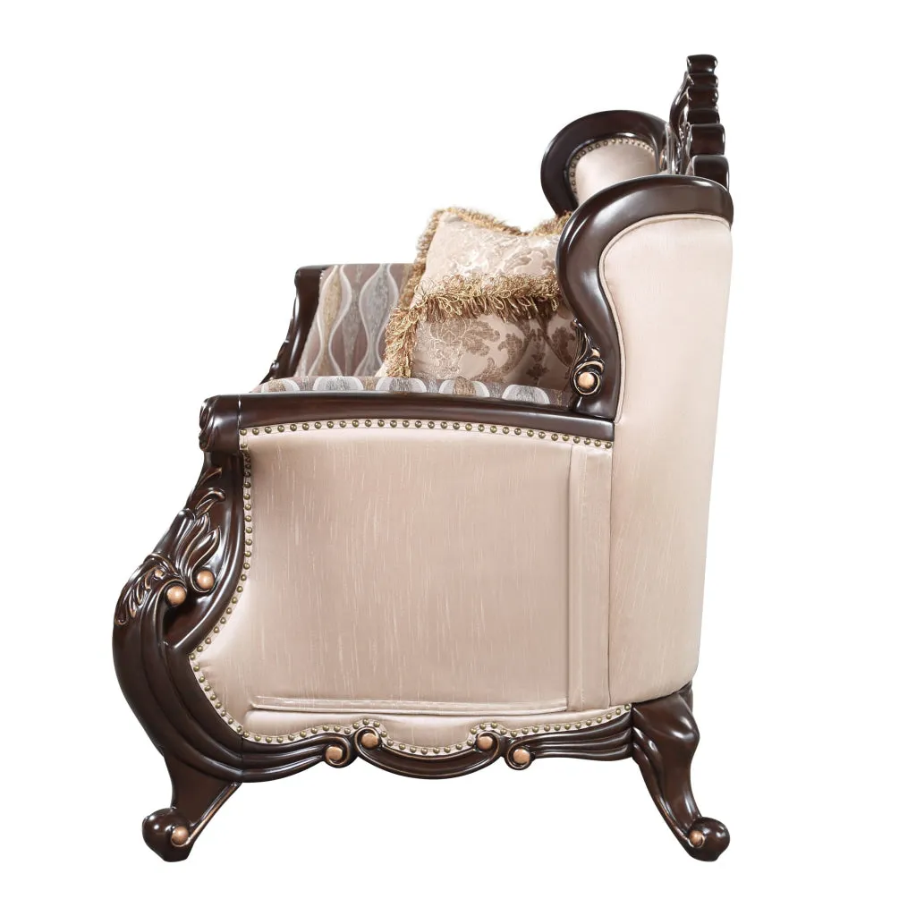 Cona 70 Inch Loveseat, Gold Carved Details, Brown, Button Tufted Beige By Casagear Home