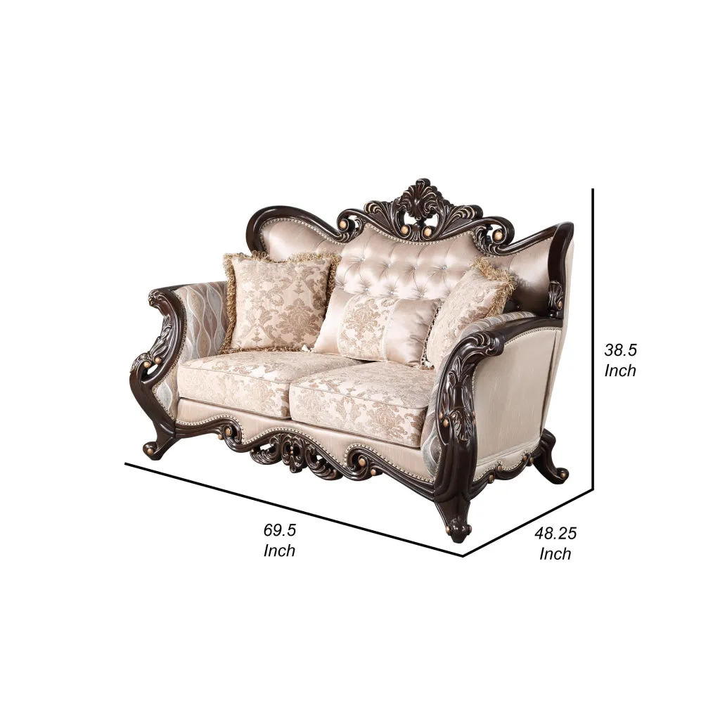 Cona 70 Inch Loveseat, Gold Carved Details, Brown, Button Tufted Beige By Casagear Home